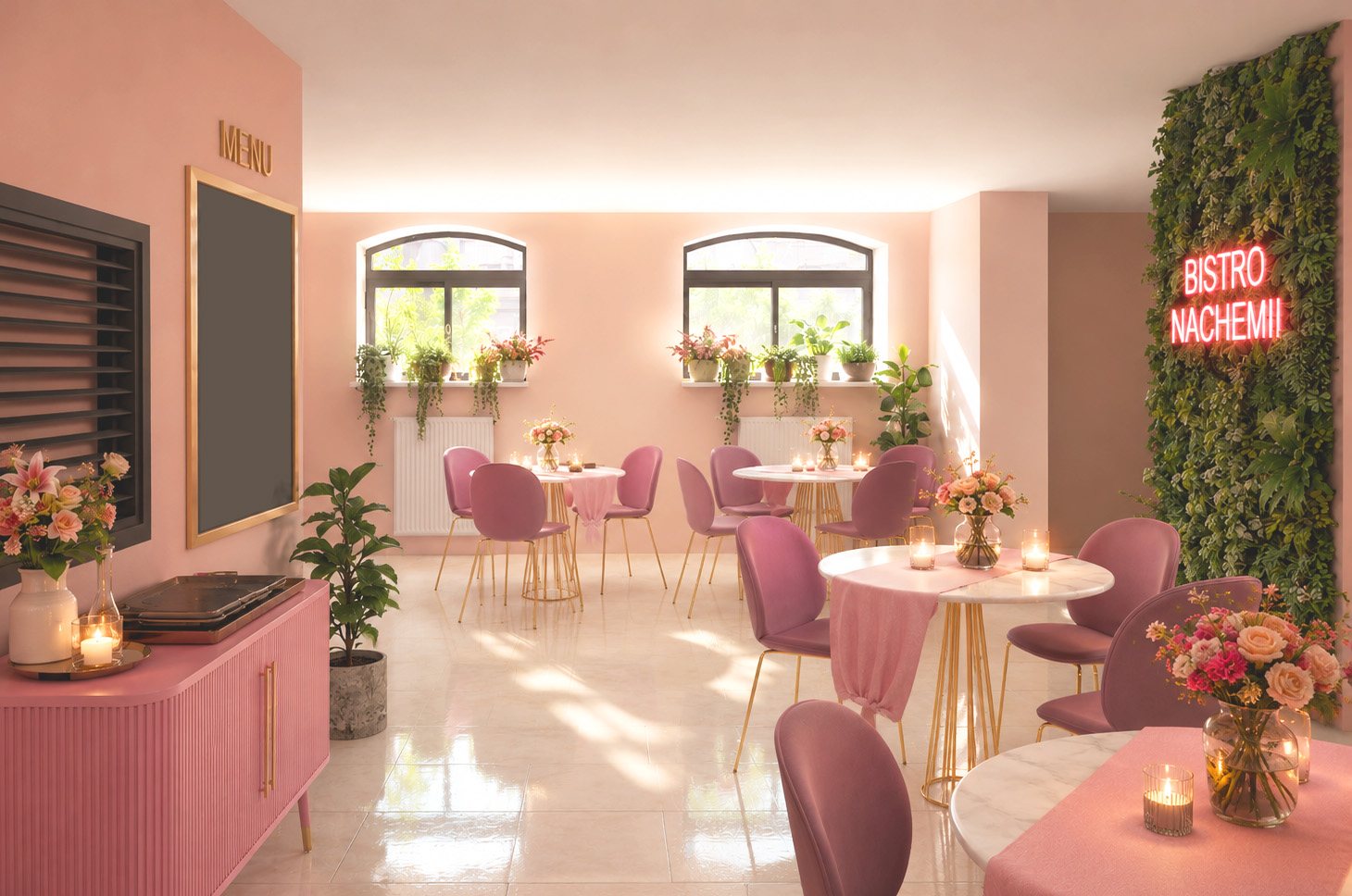 Różowe wnętrze Bistro Nachemii